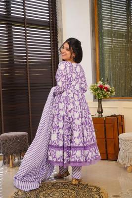 Purple Cotton Printed Kurta Suit Set 4