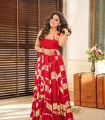 Red Silk Printed Maxi Suit Set