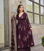 Wine Color Printed Cotton Angrakha Suit Set