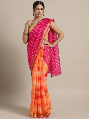 Hand Dyed Orange & Pink Bandhani Kota Silk Sustainable Saree 1