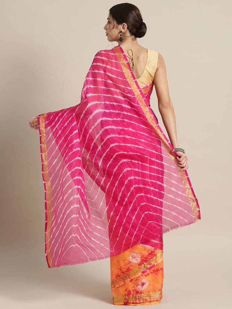 Hand Dyed Orange & Pink Bandhani Kota Silk Sustainable Saree