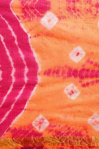 Hand Dyed Orange & Pink Bandhani Kota Silk Sustainable Saree