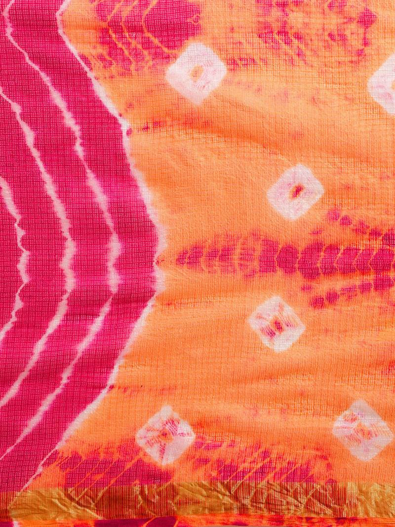 Hand Dyed Orange & Pink Bandhani Kota Silk Sustainable Saree