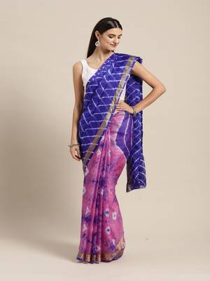 Hand Dyed Pink & Blue Bandhani Kota Silk Sustainable Saree 1