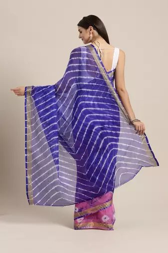 Hand Dyed Pink & Blue Bandhani Kota Silk Sustainable Saree