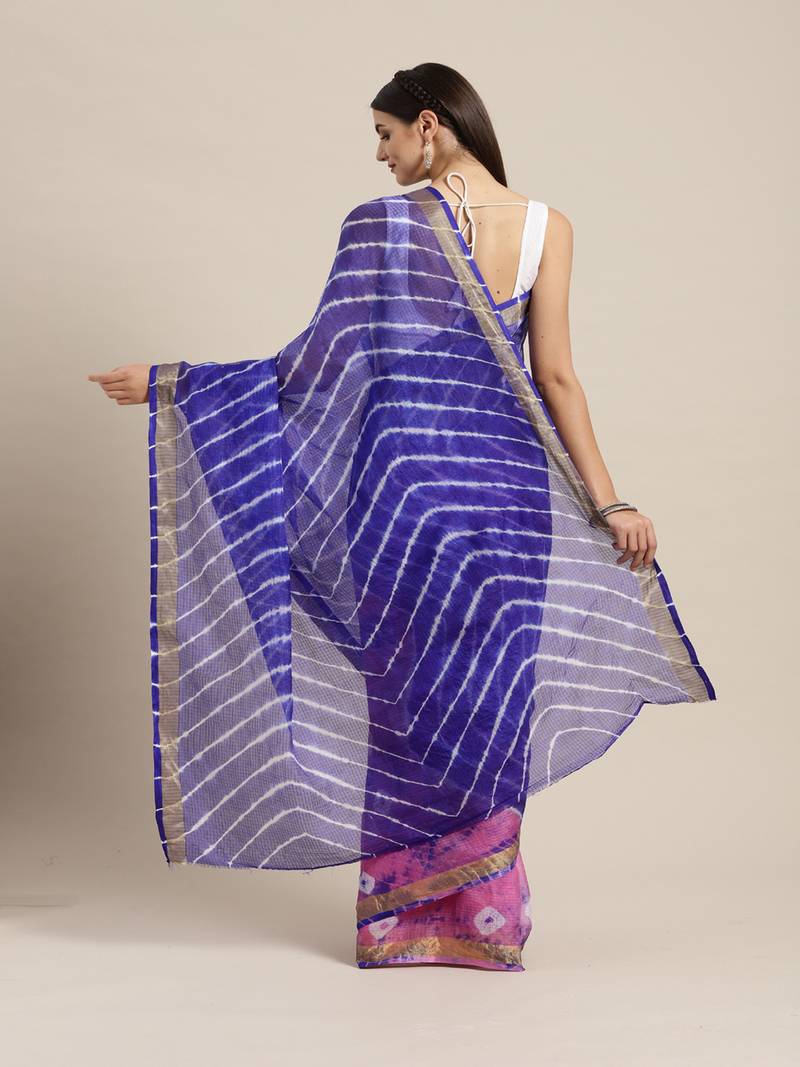 Hand Dyed Pink & Blue Bandhani Kota Silk Sustainable Saree