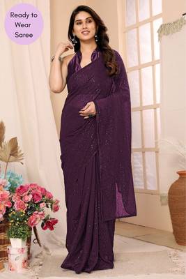 Purple Embroidered Georgette Ready To Wear Saree With Blouse 1