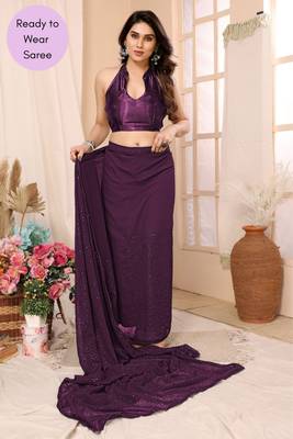 Purple Embroidered Georgette Ready To Wear Saree With Blouse 4