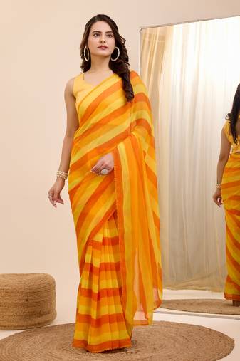 Yellow Printed Georgette Ready To Wear Saree With Blouse