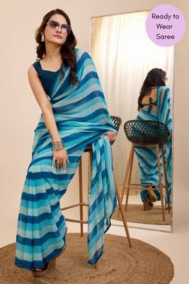 Blue Printed Georgette Ready To Wear Saree With Blouse 1