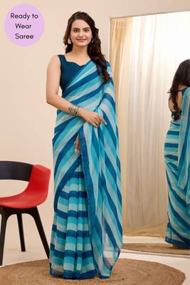 Blue Printed Georgette Ready To Wear Saree With Blouse 4