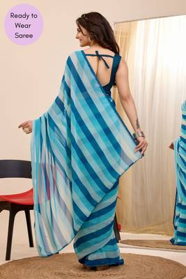 Blue Printed Georgette Ready To Wear Saree With Blouse 5