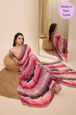 Multicolor Printed Georgette Ready To Wear Saree With Blouse 3
