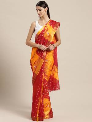 Hand Dyed Red & Yellow Bandhani Kota Doria Sustainable Saree 1