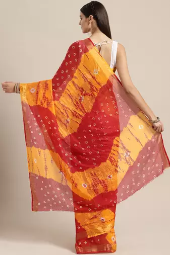 Hand Dyed Red & Yellow Bandhani Kota Doria Sustainable Saree