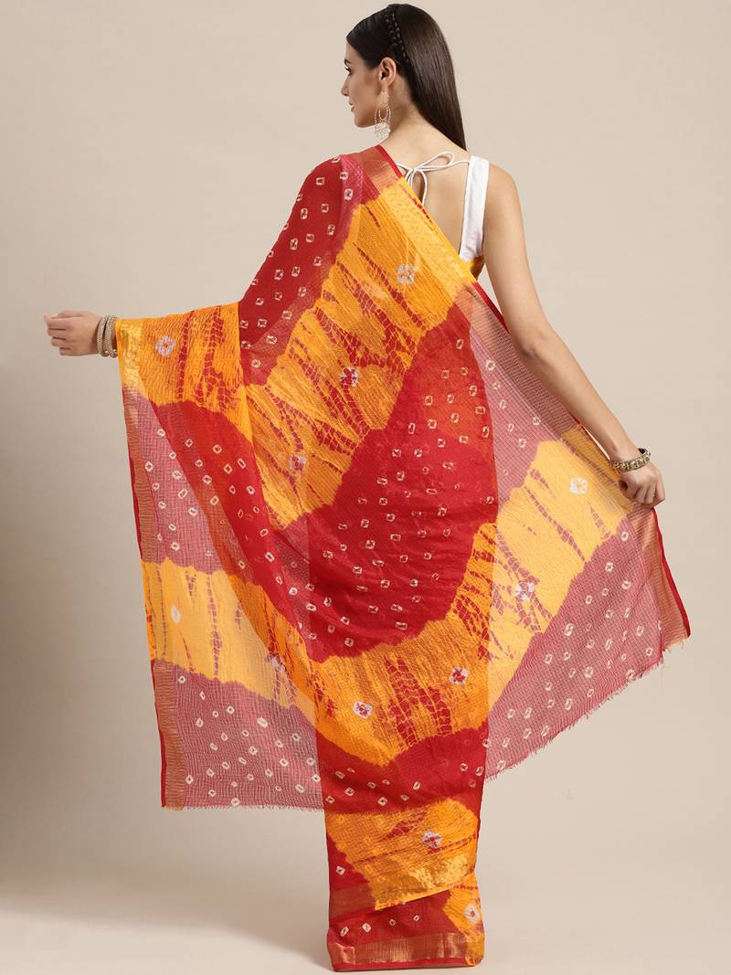Hand Dyed Red & Yellow Bandhani Kota Doria Sustainable Saree