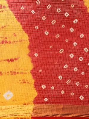 Hand Dyed Red & Yellow Bandhani Kota Doria Sustainable Saree 3