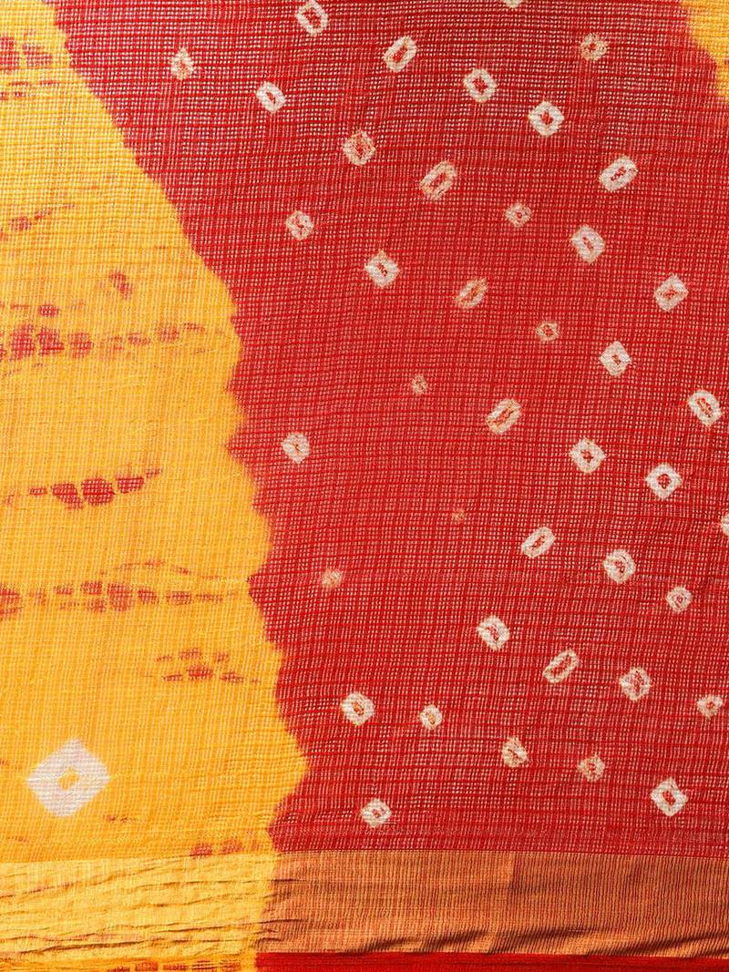 Hand Dyed Red & Yellow Bandhani Kota Doria Sustainable Saree