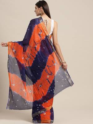 Hand Dyed Orange & Navy Blue Bandhani Kota Doria Sustainable Saree 1