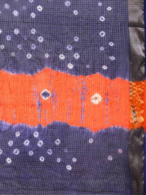 Hand Dyed Orange & Navy Blue Bandhani Kota Doria Sustainable Saree 3