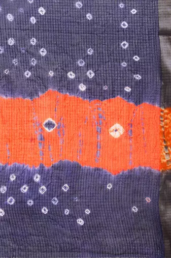 Hand Dyed Orange & Navy Blue Bandhani Kota Doria Sustainable Saree