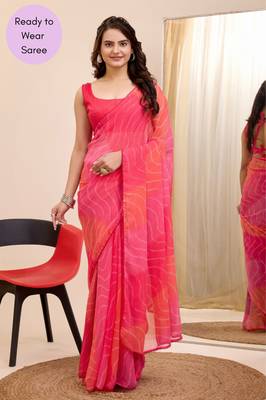 Pink Printed Georgette Ready To Wear Saree With Blouse 1