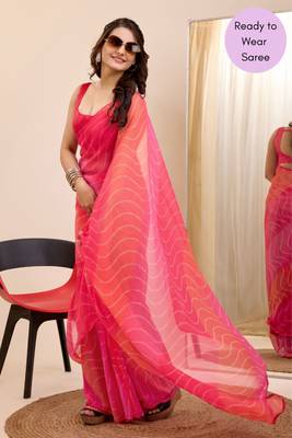 Pink Printed Georgette Ready To Wear Saree With Blouse 4