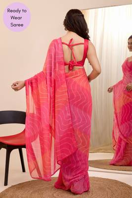 Pink Printed Georgette Ready To Wear Saree With Blouse 6