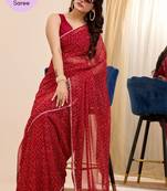 Red Printed Georgette Ready To Wear Saree With Blouse
