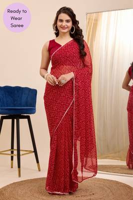 Red Printed Georgette Ready To Wear Saree With Blouse 3