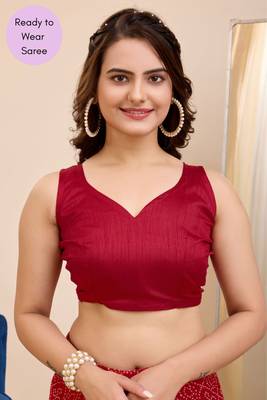 Red Printed Georgette Ready To Wear Saree With Blouse 6