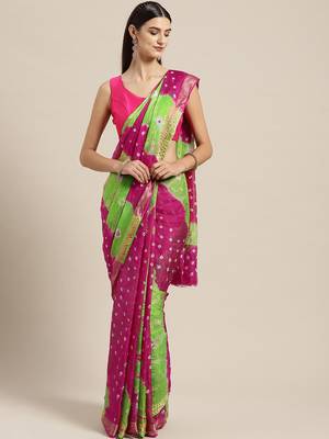 Hand Dyed Pink & Green Bandhani Kota Doria Sustainable Saree 1