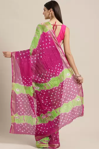 Hand Dyed Pink & Green Bandhani Kota Doria Sustainable Saree