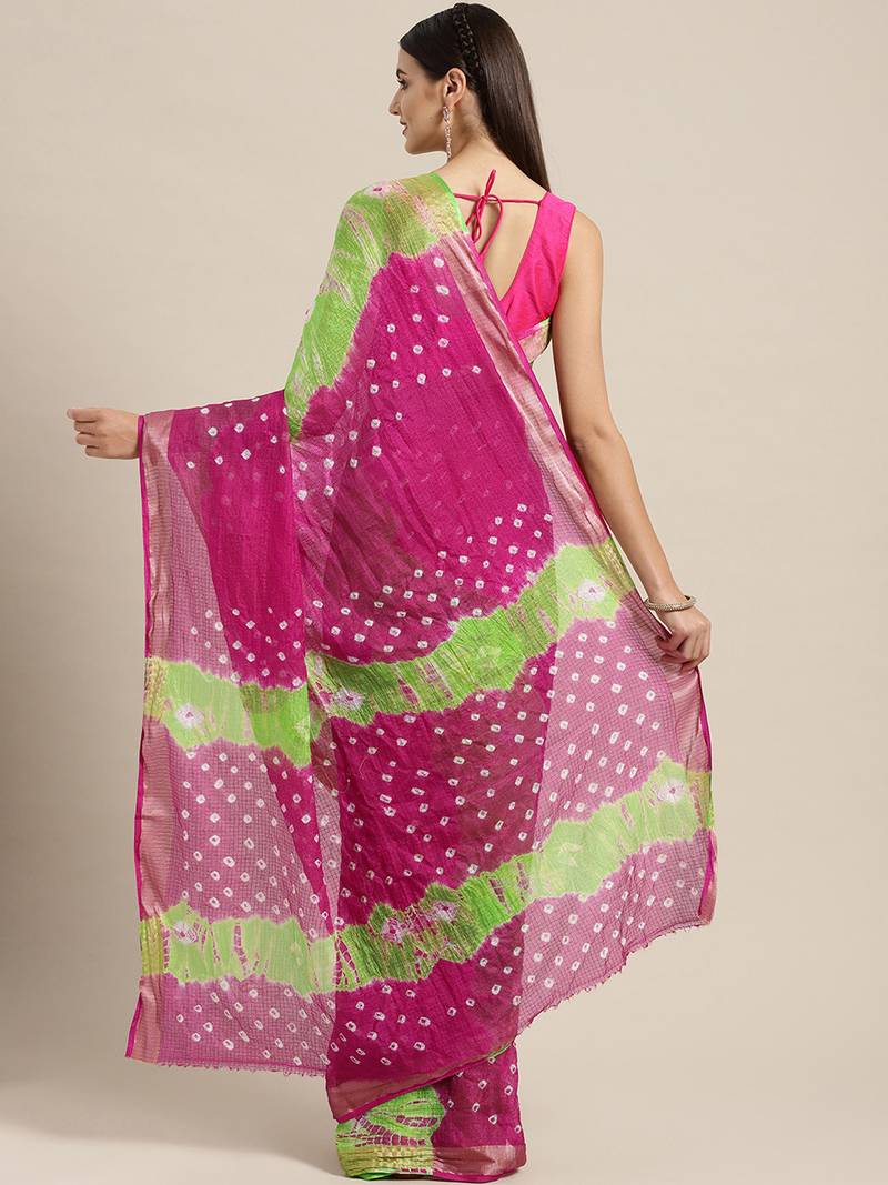 Hand Dyed Pink & Green Bandhani Kota Doria Sustainable Saree