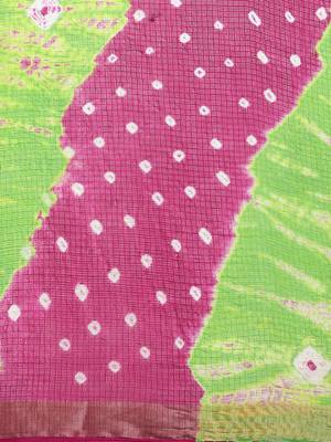 Hand Dyed Pink & Green Bandhani Kota Doria Sustainable Saree 3