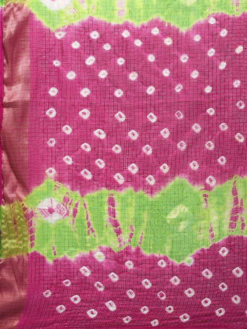 Hand Dyed Pink & Green Bandhani Kota Doria Sustainable Saree