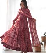 Women soft georgette kalamkari print fully flair anarkali with pent dupatta set