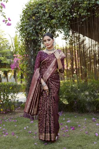 Maroon Satin silk Geomatric design banarasi style zari weaving saree with Blouse