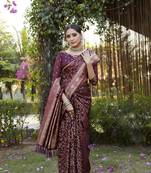 Maroon Satin silk Geomatric design banarasi style zari weaving saree with Blouse