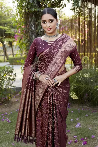 Maroon Satin silk Geomatric design banarasi style zari weaving saree with Blouse