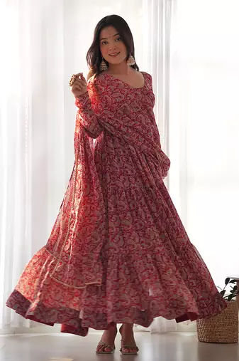  soft georgette kalamkari print fully flair anarkali with pent dupatta set