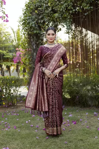 Maroon Satin silk Geomatric design banarasi style zari weaving saree with Blouse