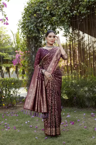 Maroon Satin silk Geomatric design banarasi style zari weaving saree with Blouse