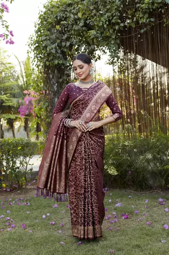 Maroon Satin silk Geomatric design banarasi style zari weaving saree with Blouse