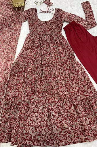  soft georgette kalamkari print fully flair anarkali with pent dupatta set