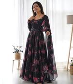 Women soft organza silk anarkali kali cut gown with pent dupatta set