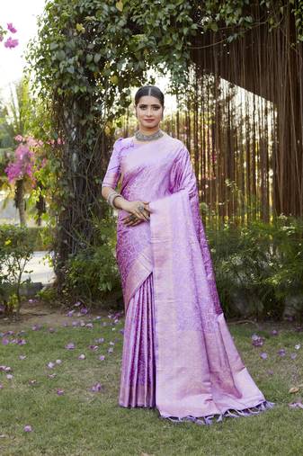 Purple Satin silk Geomatric design banarasi style zari weaving saree with Blouse