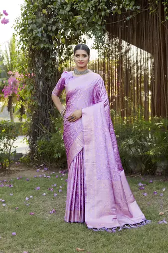 Purple Satin silk Geomatric design banarasi style zari weaving saree with Blouse