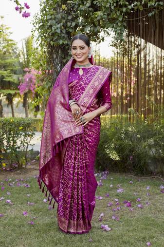 Pink Satin silk Geomatric design banarasi style zari weaving saree with Blouse
