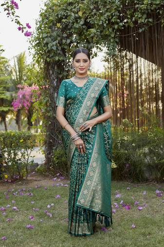Green Satin silk Geomatric design banarasi style zari weaving saree with Blouse
